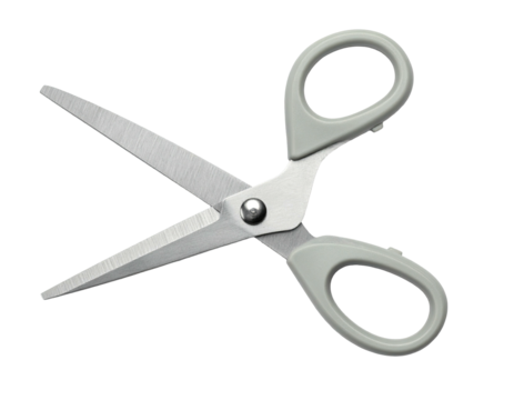 Gray-handled open scissors isolated on a black background, a close-up, sharp