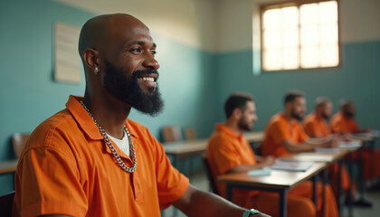 Obraz premium Prisoners in orange uniforms attend a class, smiling and engaged. They sit at desks, learning new skills. Hope for change and better future.