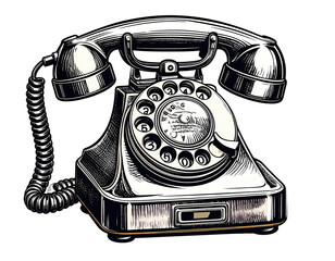 Intricate, monochrome illustration of an old rotary dial telephone. Highly detailed, vintage style