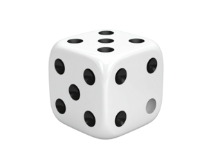 A white, cube-shaped object with black dots representing numbers. Shadowed, isolated on black