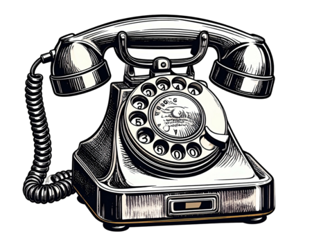 Intricate, monochrome illustration of an old rotary dial telephone. Highly detailed, vintage style