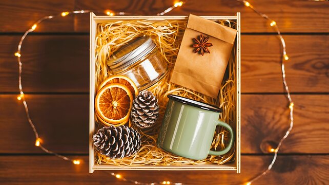 Cozy holiday gift box with mug coffee beans dried orange and pinecones on wooden table with lights
