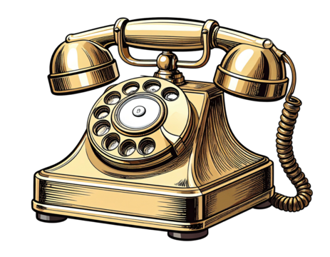 Illustration of a vintage gold telephone with a rotary dial and curly cord