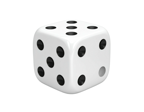 A white, cube-shaped object with black dots representing numbers. Shadowed, isolated on black