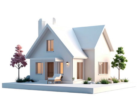 A digitally rendered, all-white residential house featuring simplistic design and surrounding trees