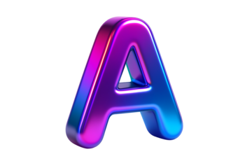 Glossy 3D render of the letter A in a vibrant, metallic, iridescent finish with pink, purple, and blue colors, isolated