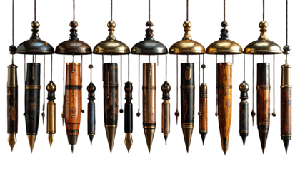 Close-up of ornate, hanging steampunk-style objects with varying colors and textures against black