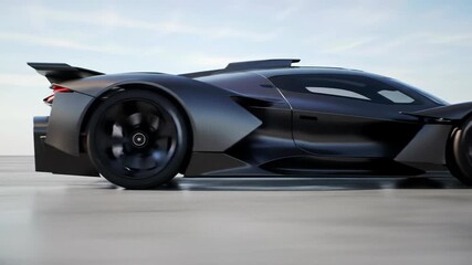 A low-angle tracking video follows an ultra-modern high-performance concept vehicle, crafted from brushed carbon fiber and matte black alloys, gliding across polished grey concrete with motion blur.