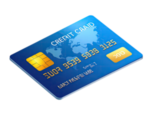 Isometric, generic, blue plastic rectangle with golden numbers, a chip, and world map graphic