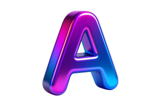 Glossy 3D render of the letter A in a vibrant, metallic, iridescent finish with pink, purple, and blue colors, isolated