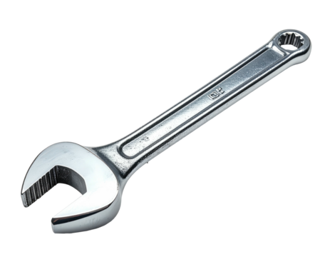 A single, metallic wrench, isolated on black background, showcasing its shape