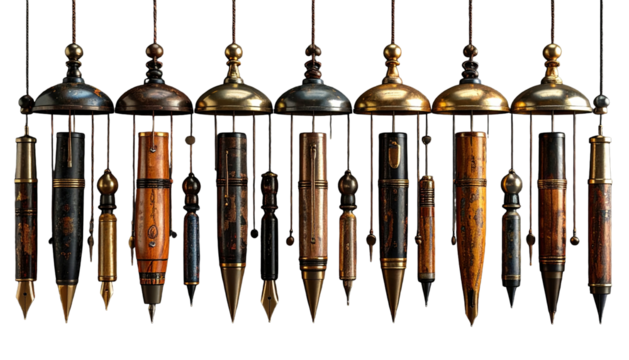 Close-up of ornate, hanging steampunk-style objects with varying colors and textures against black
