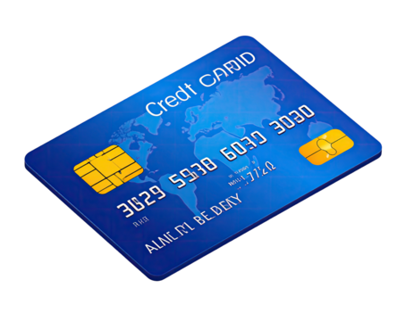 A high-angle, isolated credit card on a black background, with numbers and chip displayed - Powered by Adobe