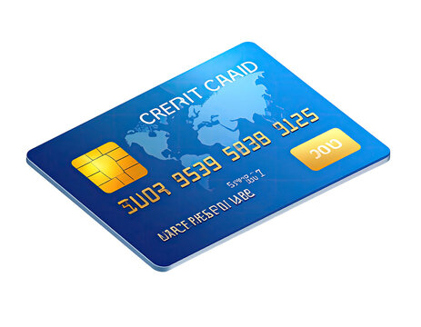 Isometric, generic, blue plastic rectangle with golden numbers, a chip, and world map graphic
