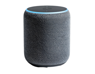 Cylindrical, fabric-covered device with illuminated ring on top. Technology concept, isolated on black