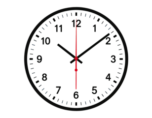 A classic analog clock with black border, white face, and black and red hands