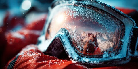 Ski Goggles Reflecting Snowy Mountains and Winter Landscape