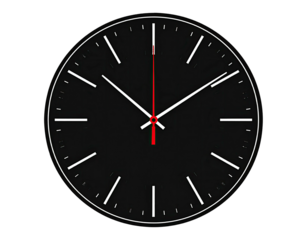 A black clock face, white hour markers, and hands, one red second hand against a black background