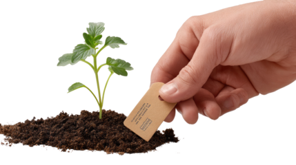 Nurturing New Beginnings: A human hand carefully places a tag beside a tender seedling, symbolizing growth, care, and the nurturing of potential