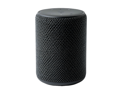 A cylindrical, black smart device with fabric-covered exterior, top controls, and microphone array