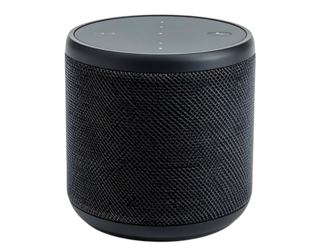 Black cylindrical audio device with a fabric covering and touch controls on top