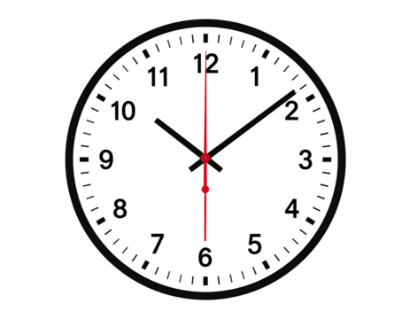 A classic analog clock with black border, white face, and black and red hands