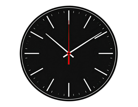 A black clock face, white hour markers, and hands, one red second hand against a black background