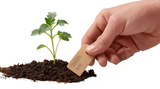 Nurturing New Beginnings: A human hand carefully places a tag beside a tender seedling, symbolizing growth, care, and the nurturing of potential