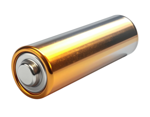 Metallic cylindrical battery with silver cap, reflecting light, isolated on black background