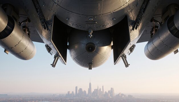 Flight over the city skyline showcasing a powerful aircraft preparing for landing Generative AI