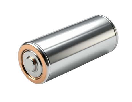 Metallic cylindrical cell, with copper ring and central button, on a dark background