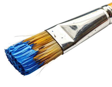 Close-up of a paint brush with blue paint on bristles against a black background - Powered by Adobe