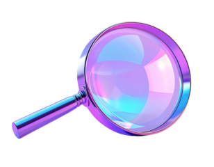A rendered illustration of a metallic magnifying glass, reflecting pastel hues, set against a black backdrop