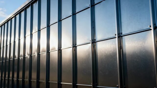 Steel stormresistant cladding showcased in a medium shot emphasizing its robust sleek finish guarding commercial buildings from extreme weather conditions.