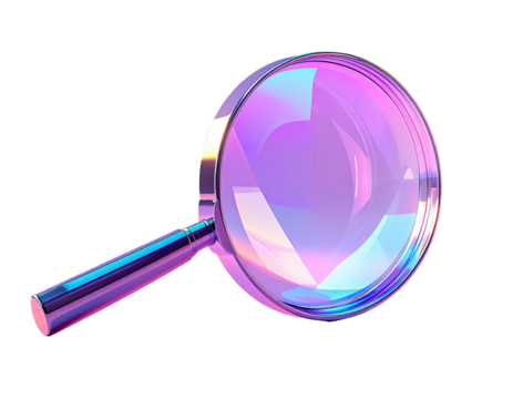 A shiny, metallic magnifying glass with an iridescent lens, held against a solid black backdrop