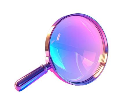 A glossy, metallic magnifying glass, rendered in vibrant, iridescent hues. Transparent lens. Black background