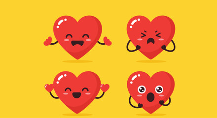 Obraz premium Diverse set of four cartoon heart characters, each displaying unique expressions ranging from joyful to surprised, against a vibrant yellow background.
