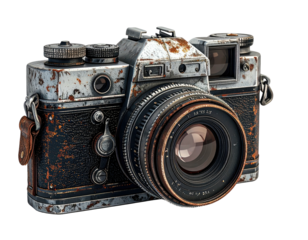 Close-up view of an antique, weathered, and rusty vintage camera with a leather strap