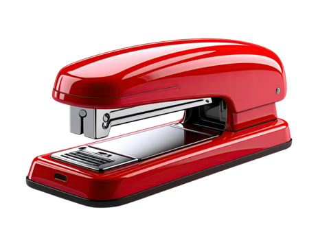 A vibrant, glossy red stapler sits on a dark background. The chrome accents shine