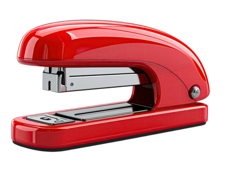 Glossy, red office tool with metallic accents and rounded edges, isolated on a black background