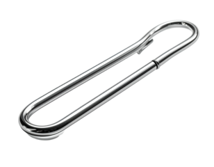 Shiny, curved metal safety clip with a pointed end, isolated on a stark black background