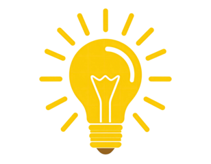 Cartoon illustration featuring a glowing, yellow lightbulb against a transparent black background
