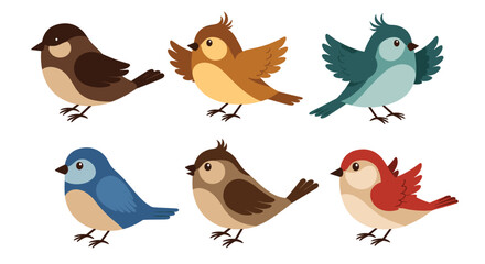 Fototapeta premium Lively assortment of six charming cartoon birds, each boasting distinct colors and animated poses, presented on a pure white background.