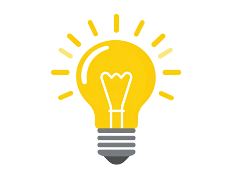 Cartoon illustration of a bright yellow lightbulb radiating light against a stark black background