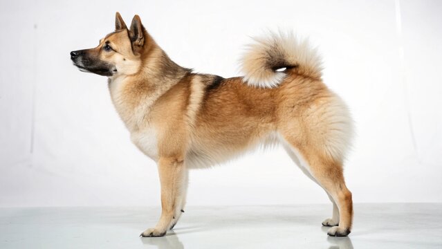 Photorealistic studio portrait of an alert and confident Norwegian Buhund dog isolated on a clean white background.