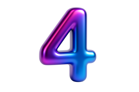 Number four (4) in a colorful chrome effect, a 3D typography element for graphic design or celebrating a fourth birthday