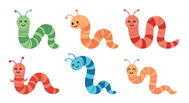 Cheerful collection of six cartoon worms, each adorned with vibrant colors and beaming smiles, crawling happily on a clean white background.
