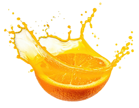 Half orange slice exploding with vibrant juice in a dynamic splash against a black background