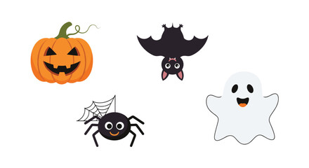 Naklejka premium Spooky yet sweet assortment of four classic Halloween characters: a grinning jack-o'-lantern, a playful bat, a cute spider, and a happy ghost.