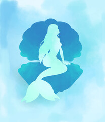  Mermaid in shell handdrawn art on transparent background. Colorful mermaid